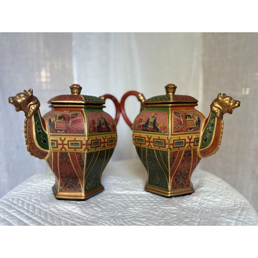 Pair Red Vintage Chinese Chinoiserie Decorative Lidded Teapots Foo Dog Handles
